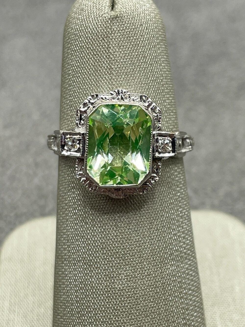 14K White Gold Vintage Style Light Green Rectangle Stone & Diamond Ring (20287)